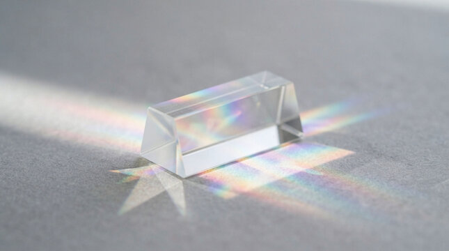 Clear crystal prism refracting light into rainbow spectrum on gray surface, creating colorful light dispersion