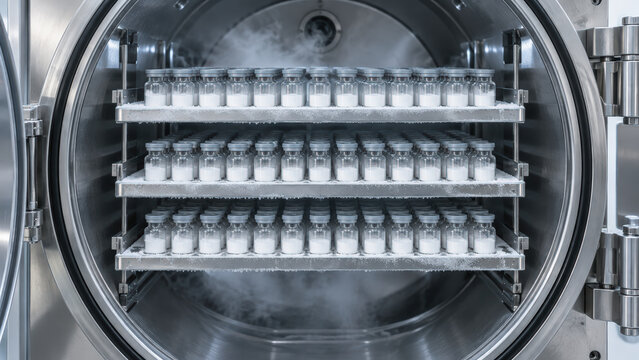 Industrial freeze dryer chamber with rows of glass vial containing white powder, sterile pharmaceutical manufacturing equipment and cold mist
