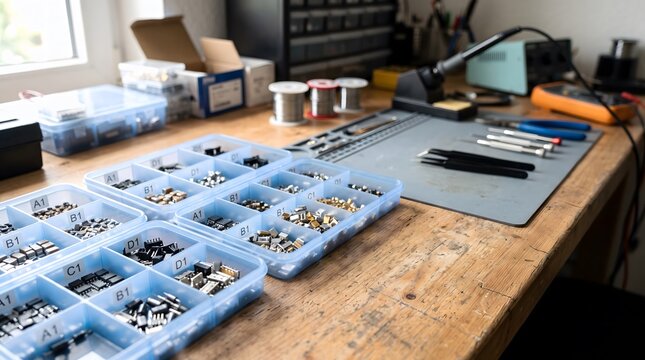 organized electronic components and repair supplies for electronics maintenance, inventory management, circuit assembly, hardware servicing, and technical workshop operations
