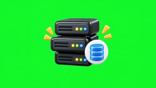 3D render of a server stack icon with a database symbol on a green screen background