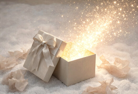 Beautiful gift box with ribbon glowing magical sparkles on soft surface
