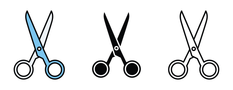 Scissor Icons: A collection of three stylized scissor icons in blue, black, and outline form, representing precision and cutting tools.