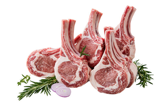 Raw lamb chops with rosemary and onion isolated on transparent background PNG cutout