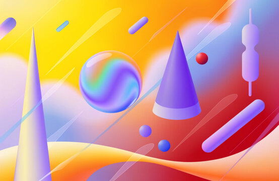 Abstract shapes cones and sphere with rainbow effect on gradient background.