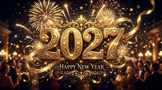 Golden new year 2027 celebration with fireworks and city lights in the background