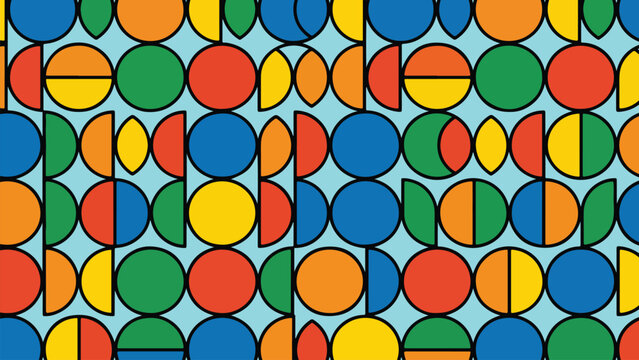 Seamless geometric circle pattern with colorful half circles and round shapes on light blue background in retro flat vector