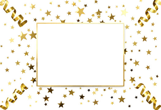Celebration design featuring golden stars and festive ribbons around blank space
