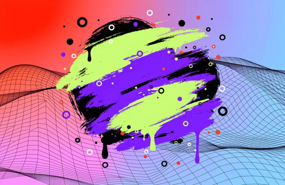 Energetic abstract circle with drips and grid overlay on a vibrant background.