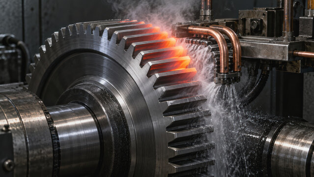 Industrial gear machining with glowing metal teeth, coolant spray, and steam inside heavy manufacturing workshop during precision production
