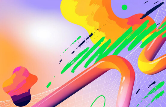Dynamic abstract forms and splashes with gradient colors and grid elements.