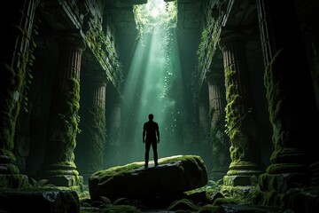 Obraz premium Silhouette of man standing on mossy rock inside ancient ruined temple. Light rays shine through ceiling onto stone columns covered in green plants. Person explores mysterious historical site amidst