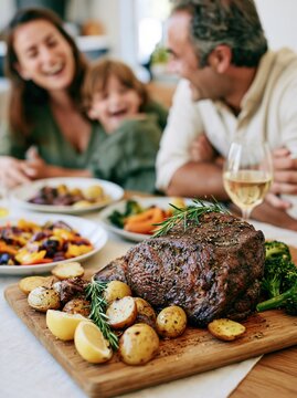 Roasted Beef Meat with Potatoes and Vegetables for Family Dinner
