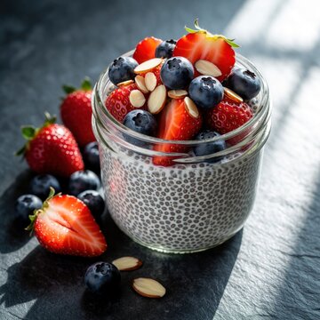 Healthy chia seed pudding in glass jar topped with fresh blueberries, sliced strawberries. Delicious breakfast bowl with mixed berries, almond flakes on dark stone surface. Nutritious vegan snack