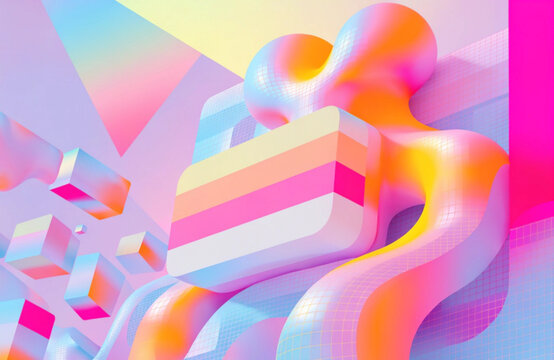 3d abstract forms with pastel gradient and geometric grid for modern design.