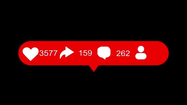animated social media notification icons with numbers for likes shares comments and followers on black background.Motion graphics