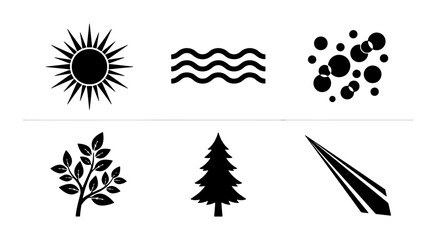 Obraz premium Nature elements silhouettes set with sun, waves, bubbles, leaves, pine tree, and comet for environmental design