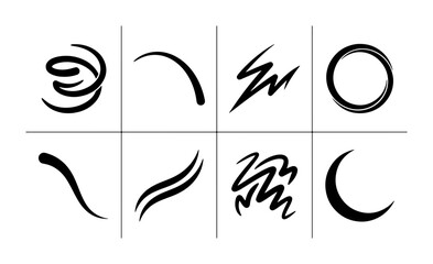 Abstract brush strokes and shapes set with swirls, lines, and circles for graphic design © Muminkhan