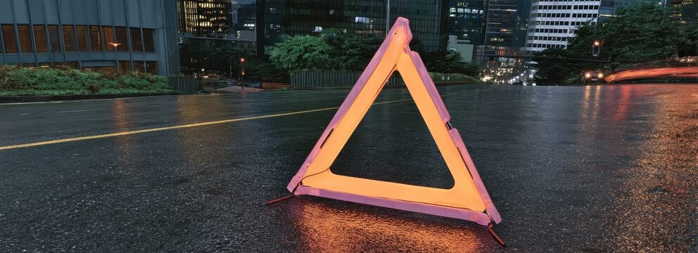 A glowing orange emergency triangle warning sign stands on a rain-slicked city street at night