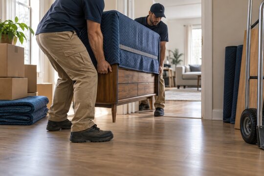 Two professional movers carrying wrapped furniture in a home