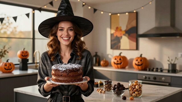 A cheerful witch in a black hat holds a chocolate cake decorated with silver sprinkles, surrounded by jack-o'-lanterns and festive kitchen decor for Halloween.