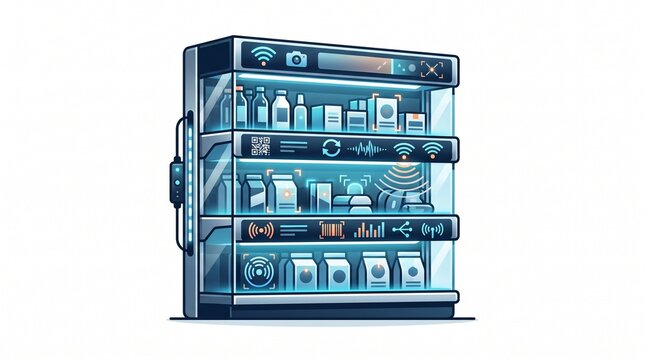 Futuristic smart vending machine graphic, automated retail kiosk illustration, glowing digital store shelf icon