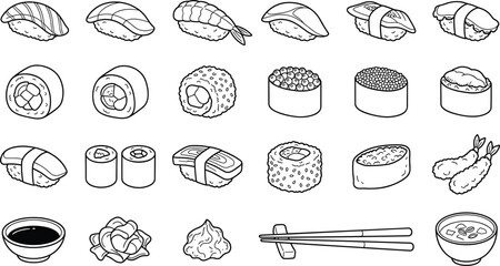 Japanese sushi menu line icon set featuring nigiri maki rolls gunkan tempura chopsticks and soy sauce © MSTMORZINA