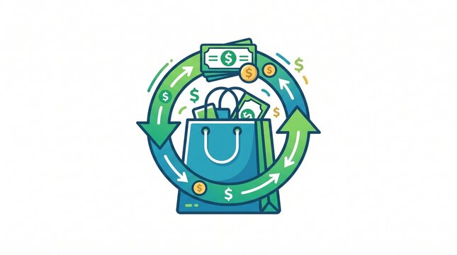 Cashback concept illustration with shopping bag and money cycle, financial refund icon, green return vector graphic on white background