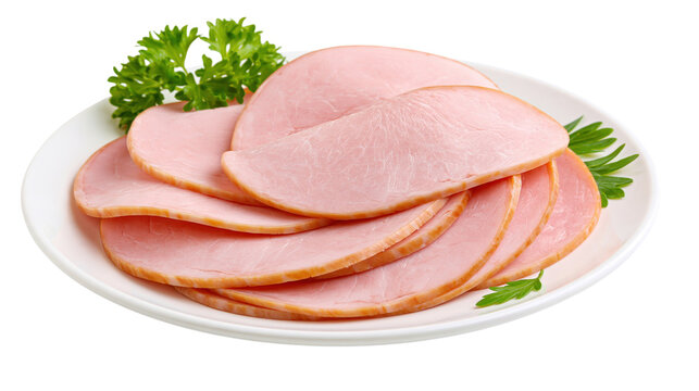 Sliced smoked ham on white plate isolated on transparent background PNG cutout