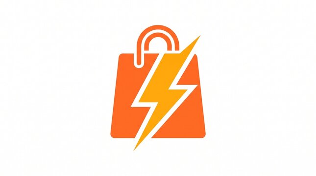 Minimalist fast shopping bag logo icon, orange e-commerce flash sale symbol, modern online store lightning logo design