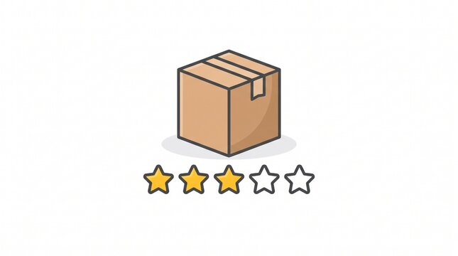 Cardboard box package rating graphic, product review feedback icon, three star customer evaluation symbol, e-commerce delivery service concept