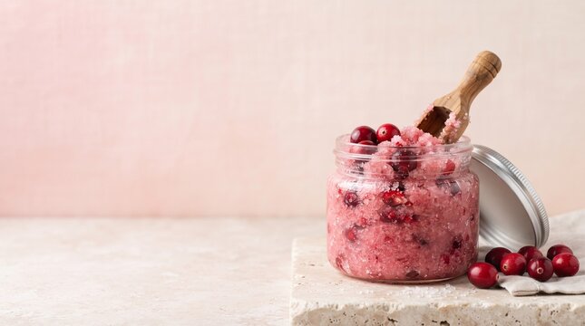 Jar of pink cranberry sugar scrub with wooden scoop and fresh berries