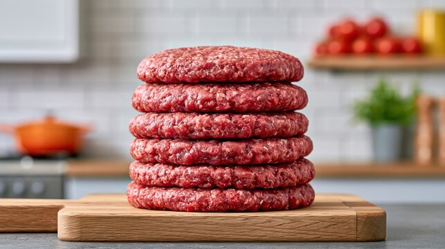 Stack of Raw Beef Burger Patties on Wooden Cutting Board