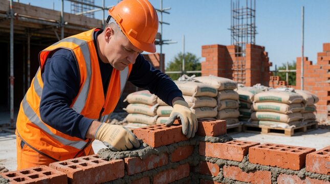 Male bricklayer in orange hi-viz vest, hard hat works on building site. Construction worker lays red bricks using cement mortar, trowel. Mason builds new house wall at construction project during