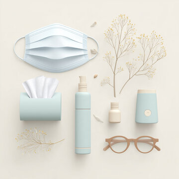 Flat lay of a face mask tissues spray and glasses for hay fever season