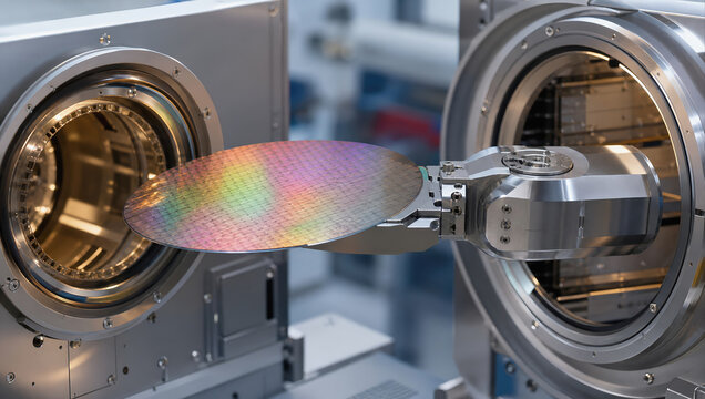 Semiconductor wafer transfer vacuum chamber equipment displays colorful surface inside cleanroom manufacturing facility with precision machinery