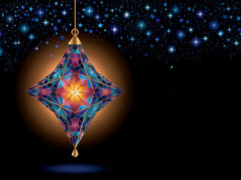 Filipino christmas parol lantern glowing with colorful star pattern against dark festive night sky with sparkling stars and copy space