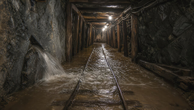 Underground mine flooding with water covering narrow rail tunnel and wooden support beams, creating hazardous industrial scene