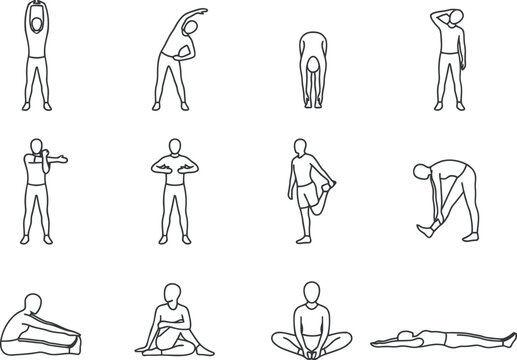Stretching exercises icons set, minimalist line art figures for fitness, yoga, and healthy lifestyle training routines