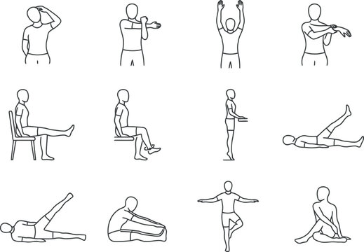 Physical therapy exercise icons set featuring rehabilitation movements and stretching poses for fitness, wellness, and medical recovery, vector illustration on white background