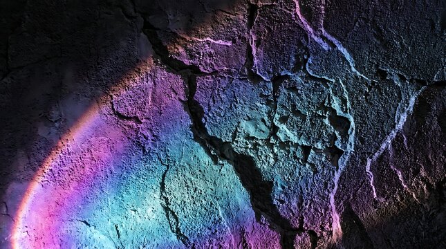 Abstract cracked stone wall with vibrant neon rainbow light