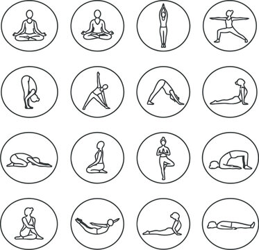 Yoga pose icons set featuring various asana positions in a clean minimalist line art vector illustration style