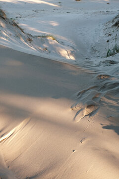 Vertical shot of soft sand dunes with warm sunlight and shadows. Minimalist coastal desert landscape and copy space.