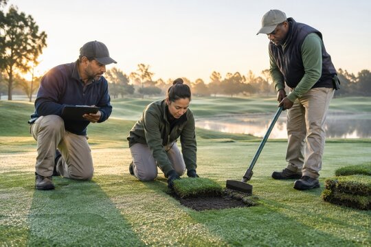 Groundskeeping team replacing turf grass on a golf course at sunrise.