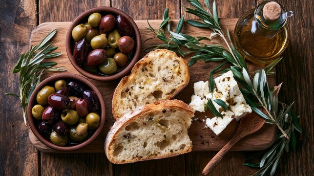 Delicious marinated olives, fresh bread, and creamy feta cheese arranged on a rustic wooden table in a flat lay composition, showcasing a Mediterranean-style appetizer and food presentation.