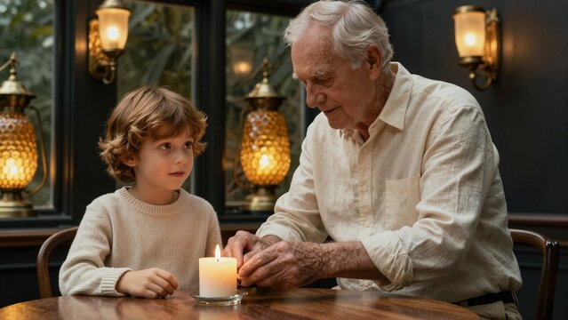 An elderly grandfather gently lights a candle beside his young grandson in a warmly lit indoor setting, capturing tender intergenerational bonding.
