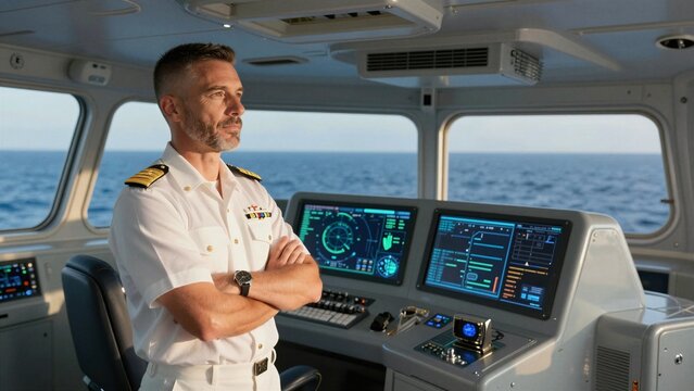 Confident ship captain stands with arms crossed inside modern vessel bridge overlooking calm ocean horizon at sunrise.