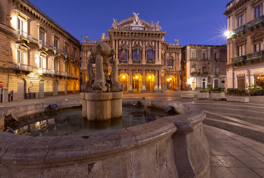 Teatro Massimo Bellini and fountain at dawn in Catania, Sicily, Italy