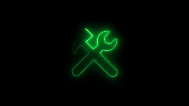 Neon crossed hammer and wrench icon animation, glowing green repair and maintenance symbol for construction, engineering, workshop, and technical service on black background