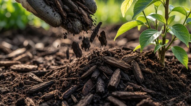Gloved hands pour organic wood mulch around small green tree sapling. Gardener adds bark chips to garden soil for moisture retention, root protection. Close up of landscaping work in backyard during