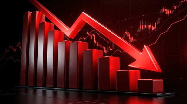 Red 3D bar graph shows sharp downward trend with big arrow. Financial data metrics decrease rapidly in market crash. Business loss concept with falling statistics, negative economic growth on dark